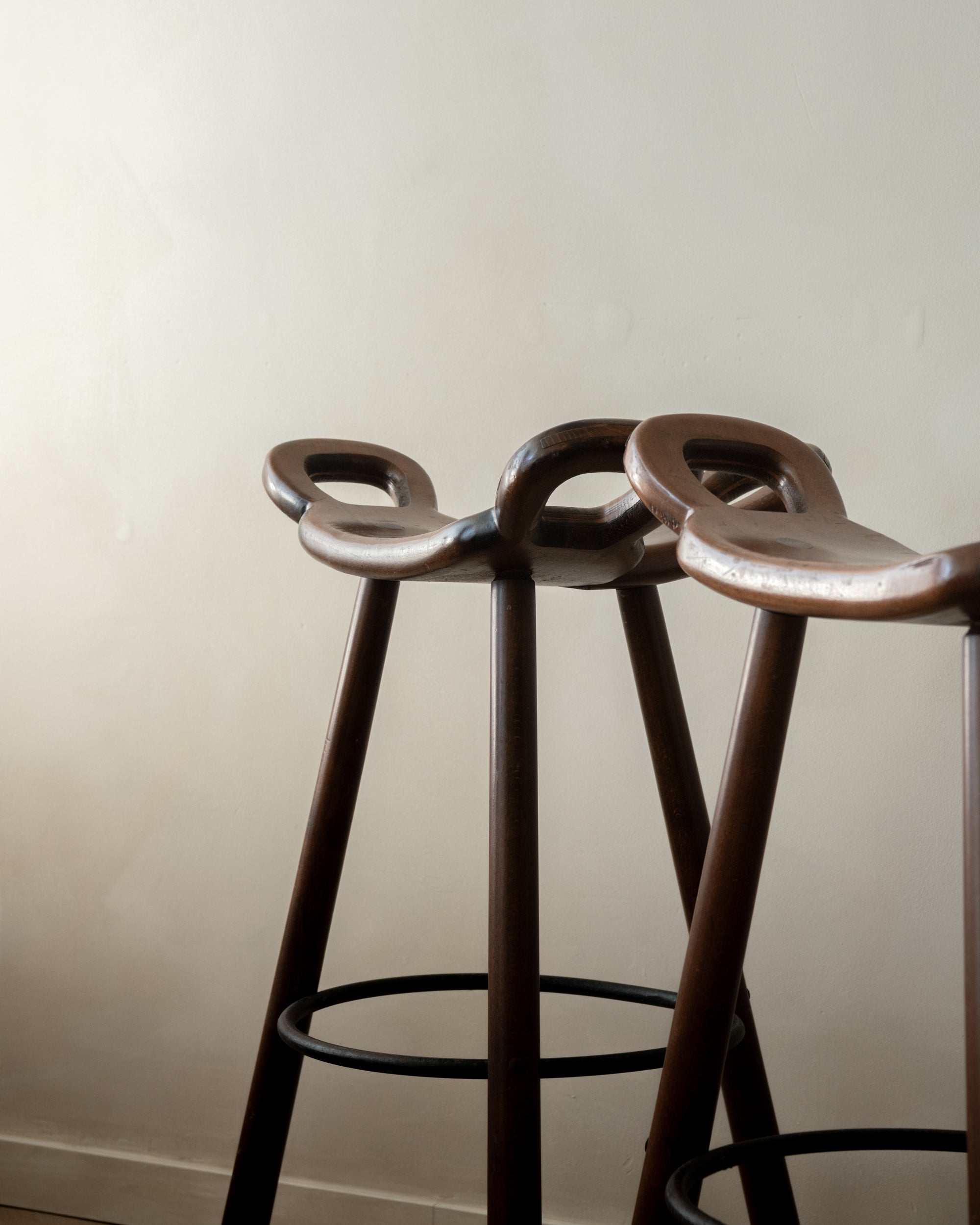 Spanish Brutalist Wooden Marbella Bar Stools by Confonorm, 1970s, Set of 3