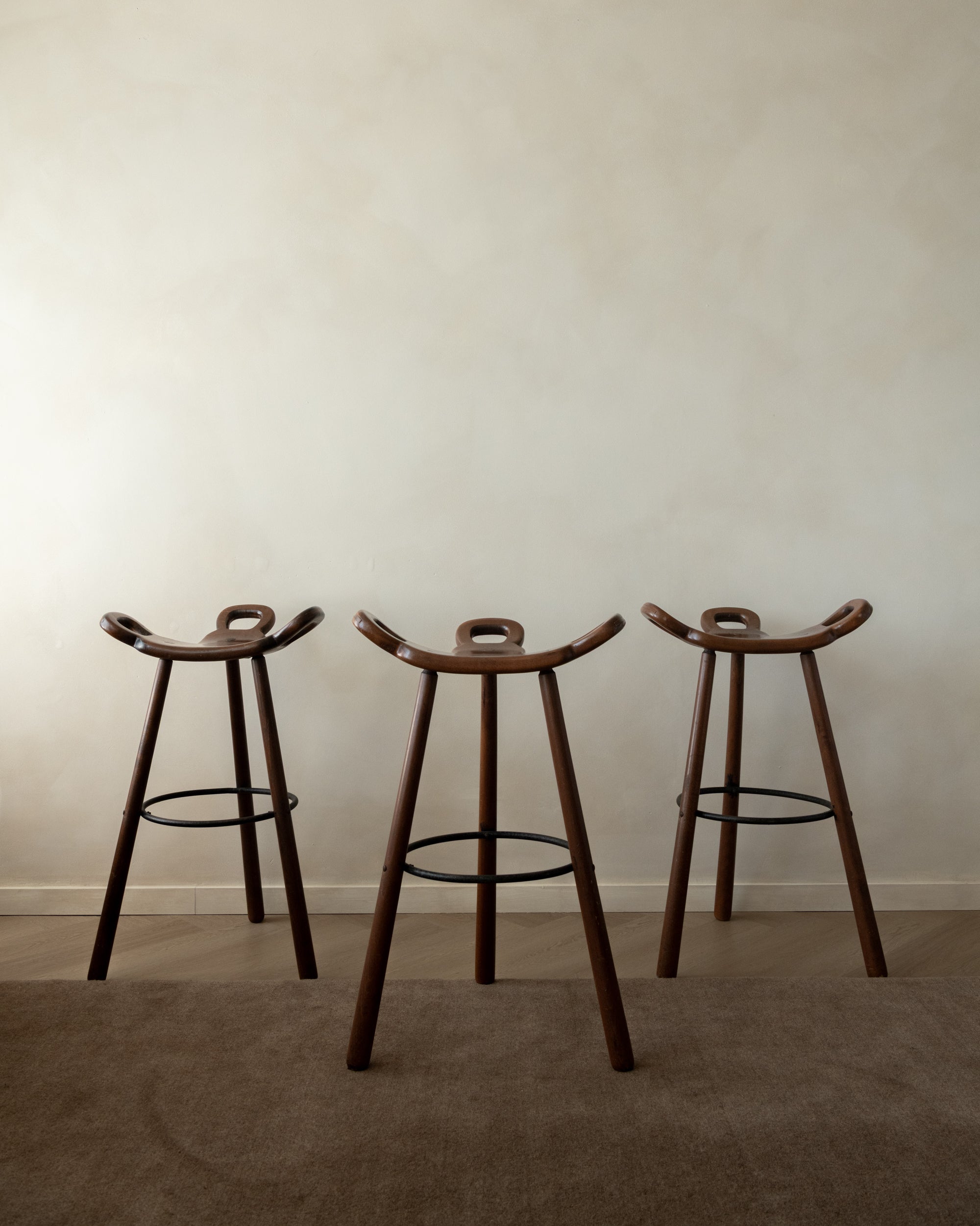 Spanish Brutalist Wooden Marbella Bar Stools by Confonorm, 1970s, Set of 3