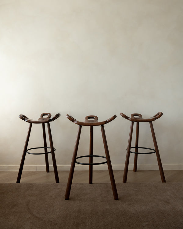 Spanish Brutalist Wooden Marbella Bar Stools by Confonorm, 1970s, Set of 3