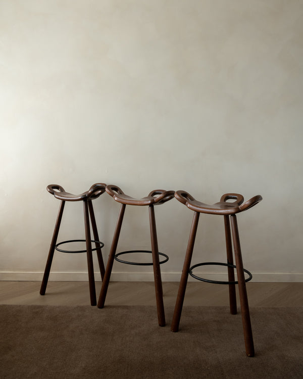 Spanish Brutalist Wooden Marbella Bar Stools by Confonorm, 1970s, Set of 3
