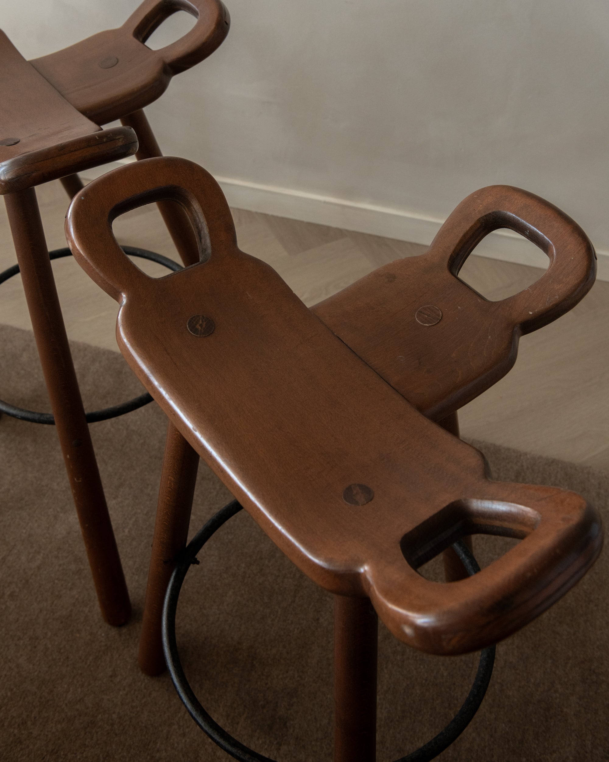 Spanish Brutalist Wooden Marbella Bar Stools by Confonorm, 1970s, Set of 3