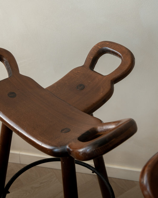 Spanish Brutalist Wooden Marbella Bar Stools by Confonorm, 1970s, Set of 3