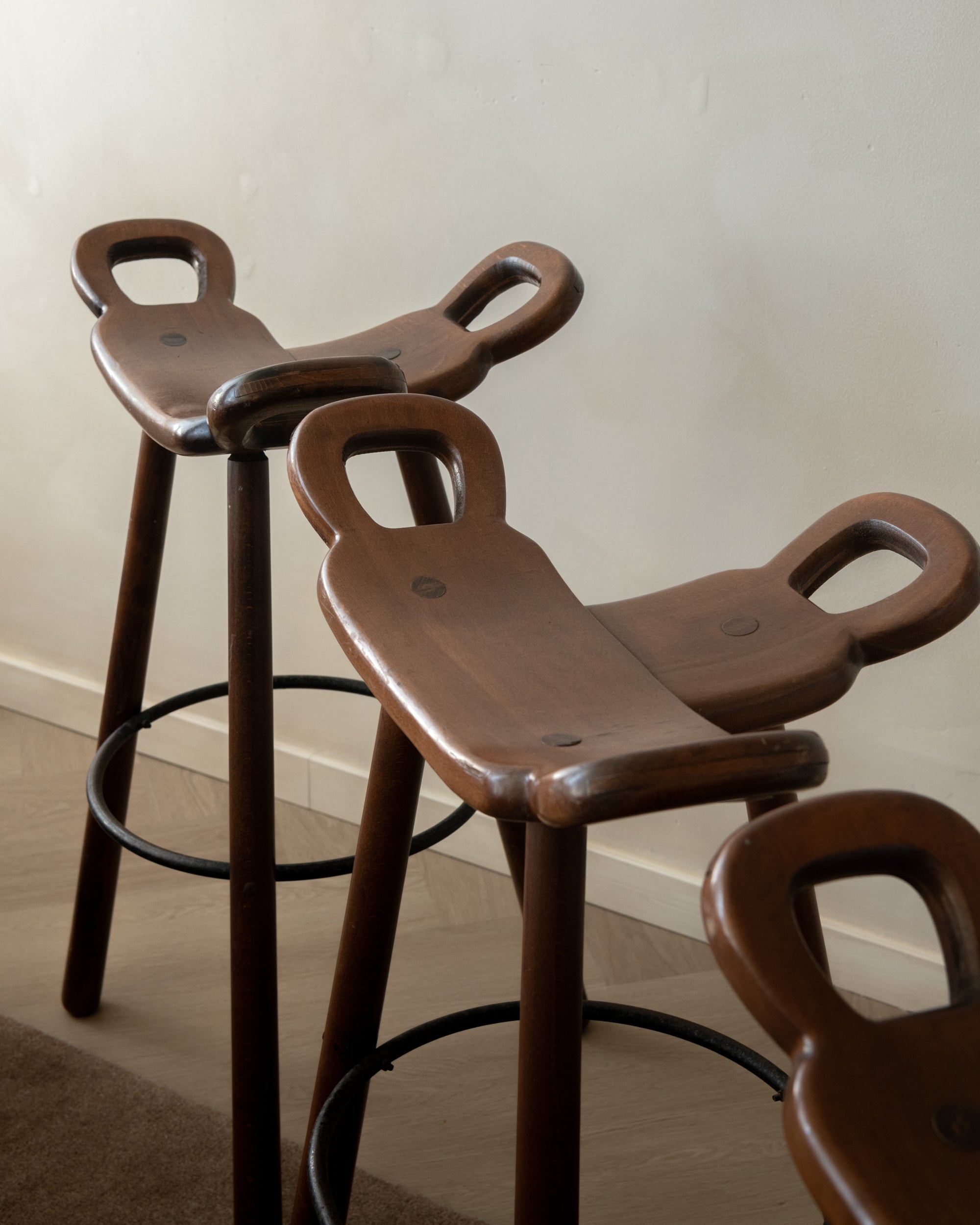 Spanish Brutalist Wooden Marbella Bar Stools by Confonorm, 1970s, Set of 3