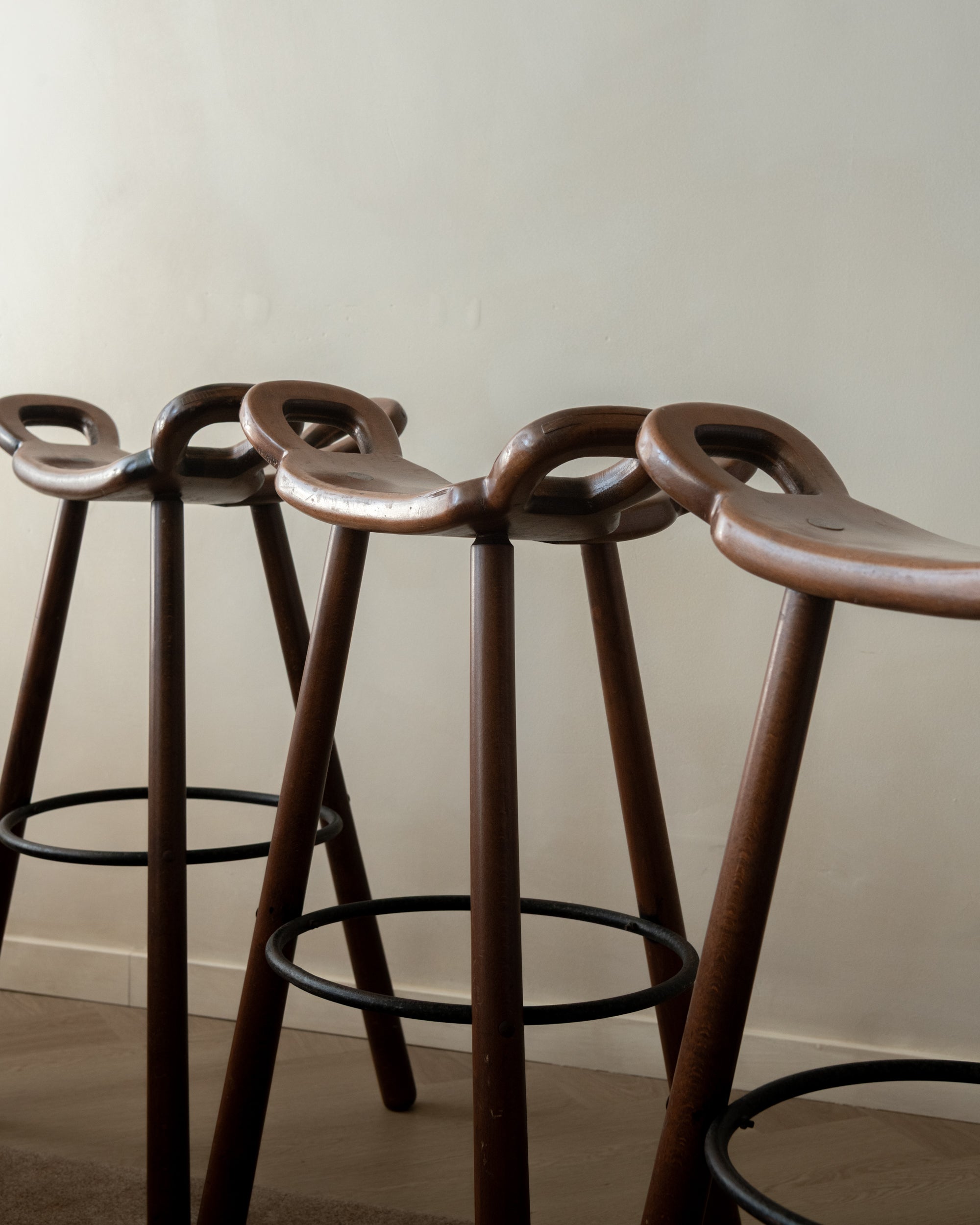 Spanish Brutalist Wooden Marbella Bar Stools by Confonorm, 1970s, Set of 3