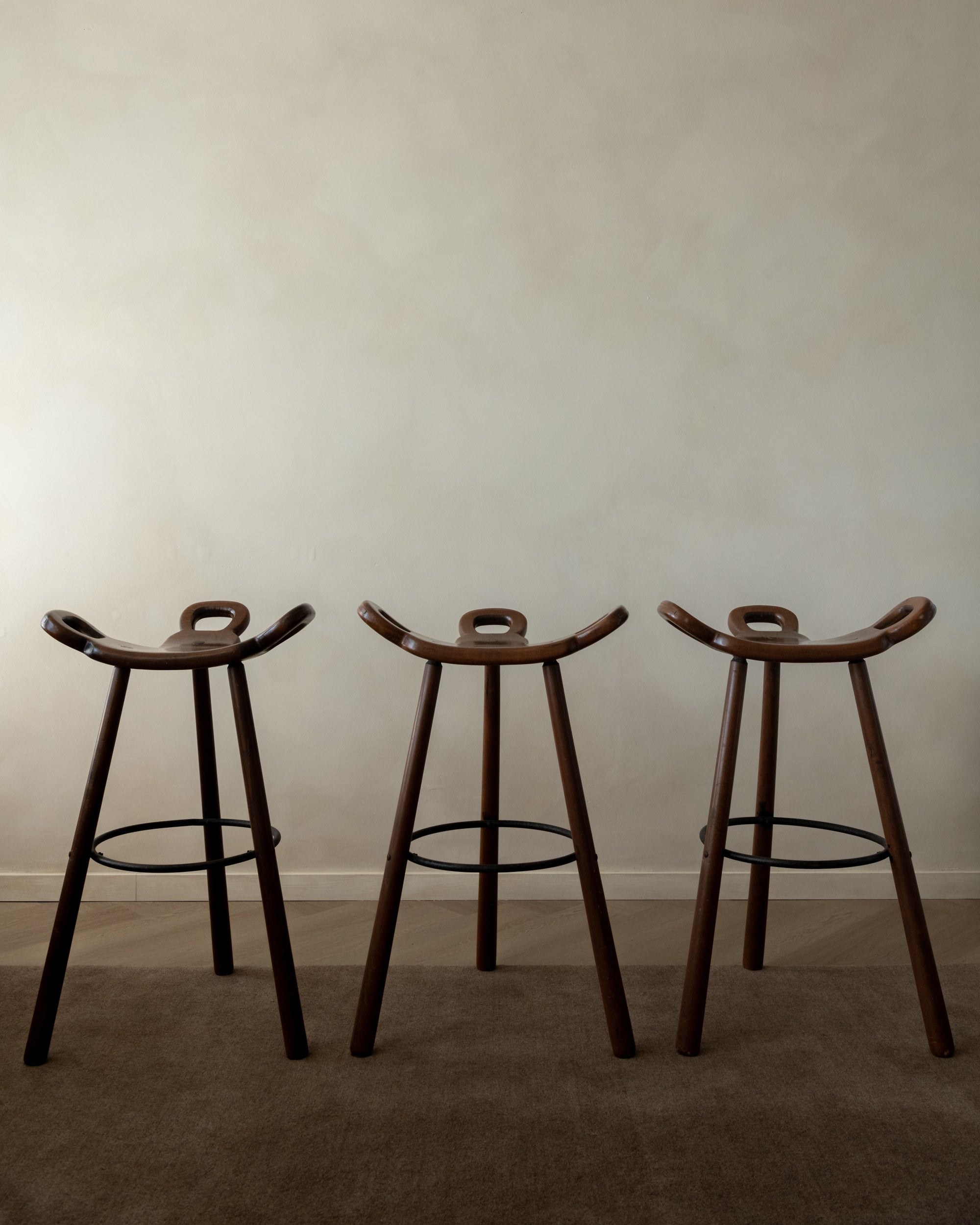 Spanish Brutalist Wooden Marbella Bar Stools by Confonorm, 1970s, Set of 3