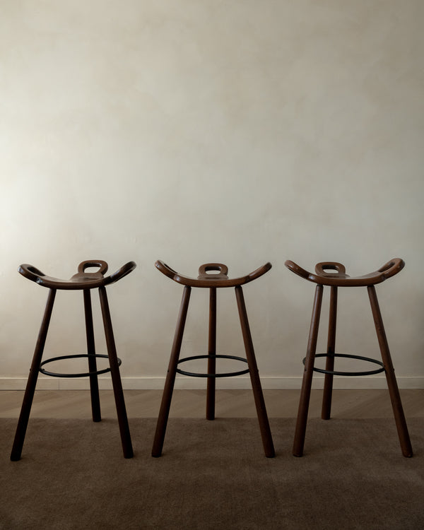 Spanish Brutalist Wooden Marbella Bar Stools by Confonorm, 1970s, Set of 3