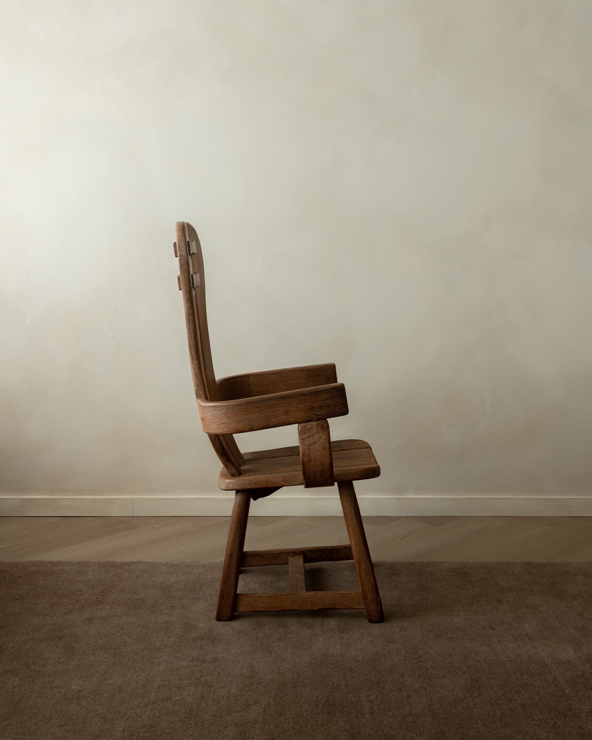 Brutalist Oak Armchair with Sculptural High Back by De Puydt, 1960s