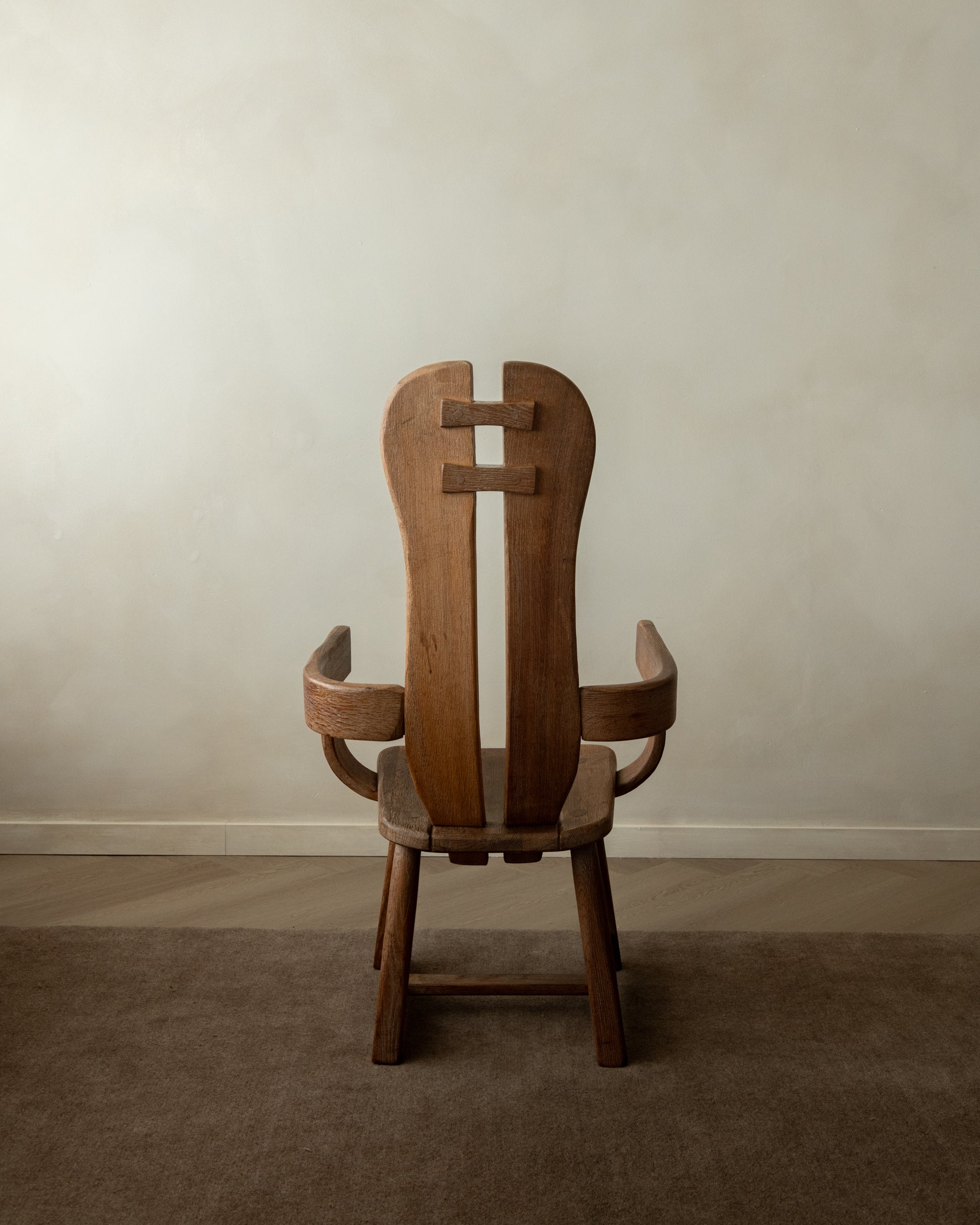 Brutalist Oak Armchair with Sculptural High Back by De Puydt, 1960s