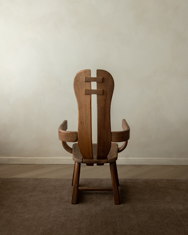 Brutalist Oak Armchair with Sculptural High Back by De Puydt, 1960s