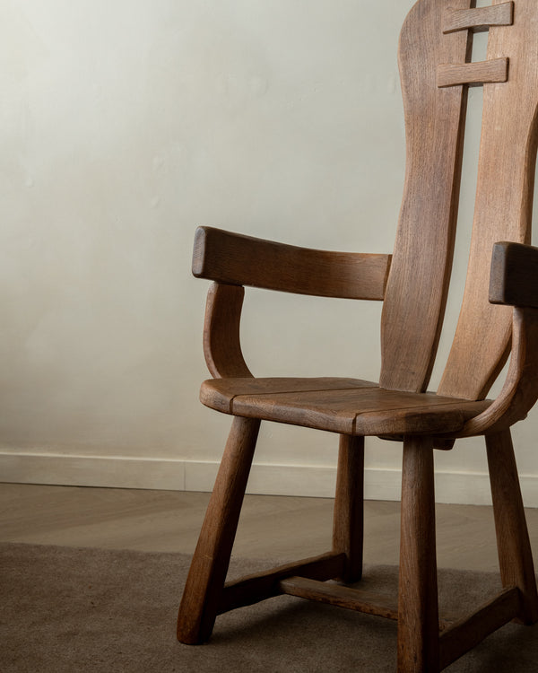 Brutalist Oak Armchair with Sculptural High Back by De Puydt, 1960s