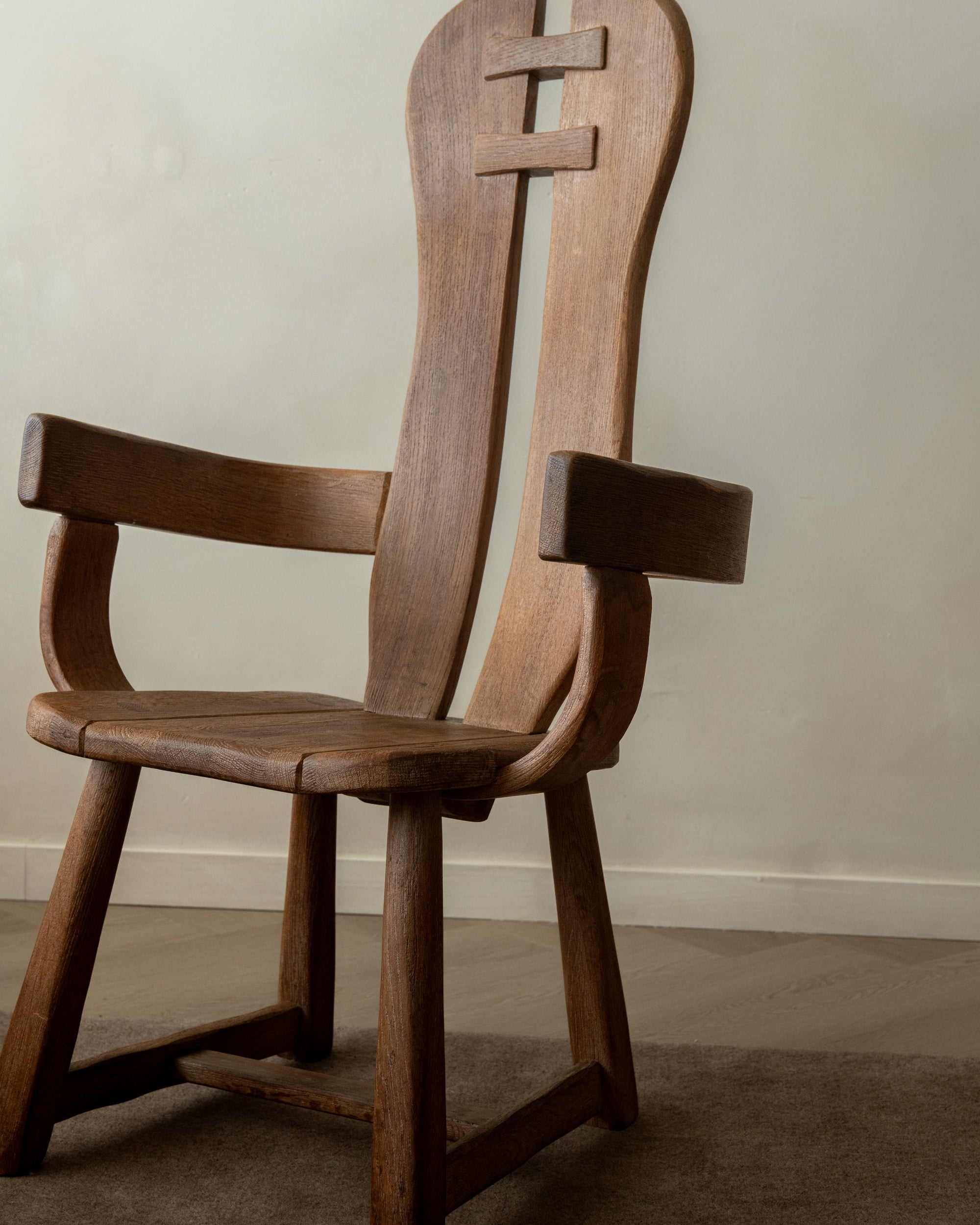 Brutalist Oak Armchair with Sculptural High Back by De Puydt, 1960s