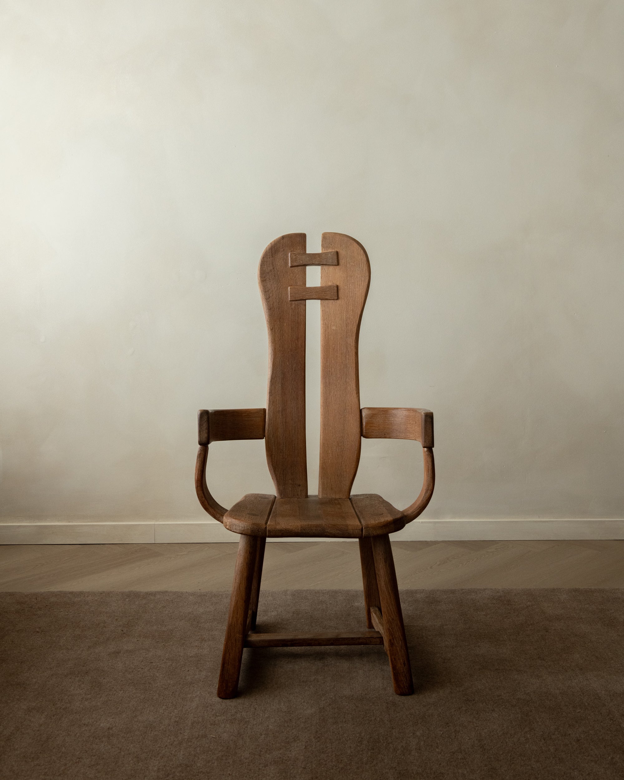 Brutalist Oak Armchair with Sculptural High Back by De Puydt, 1960s