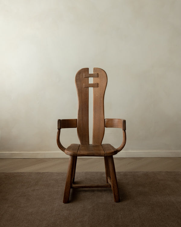 Brutalist Oak Armchair with Sculptural High Back by De Puydt, 1960s