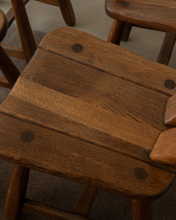 Brutalist Oak Dining Chairs with Sculptural High Backs by De Puydt, 1960s, Set of 4