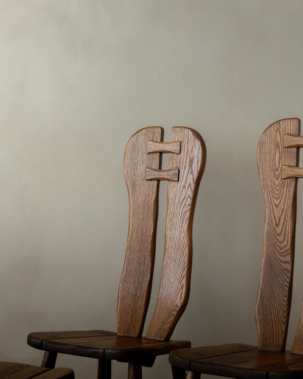 Brutalist Oak Dining Chairs with Sculptural High Backs by De Puydt, 1960s, Set of 4