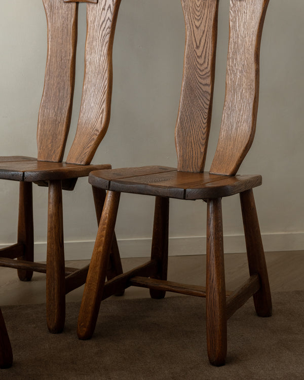 Brutalist Oak Dining Chairs with Sculptural High Backs by De Puydt, 1960s, Set of 4
