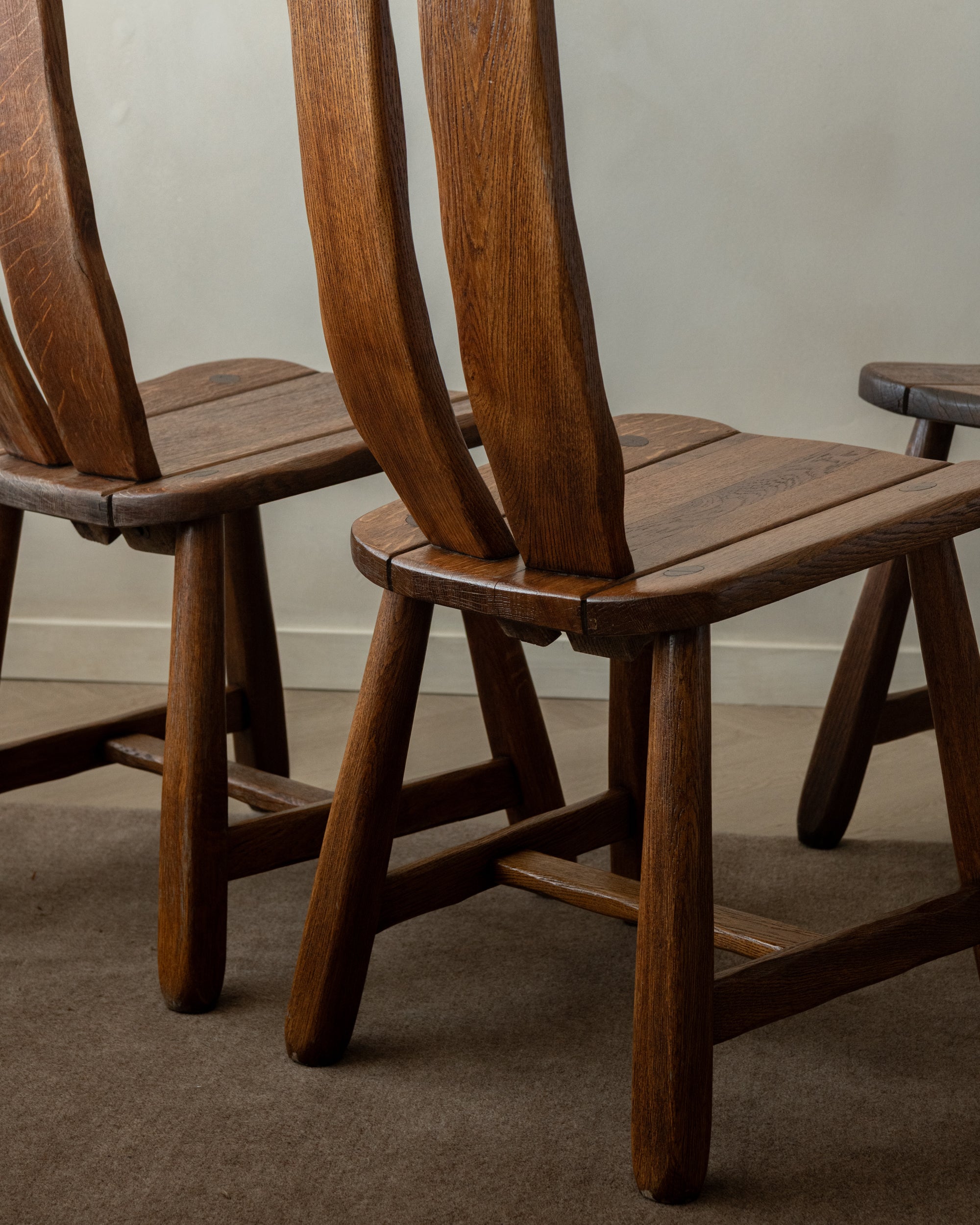 Brutalist Oak Dining Chairs with Sculptural High Backs by De Puydt, 1960s, Set of 4