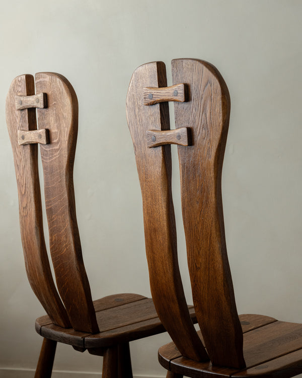Brutalist Oak Dining Chairs with Sculptural High Backs by De Puydt, 1960s, Set of 4