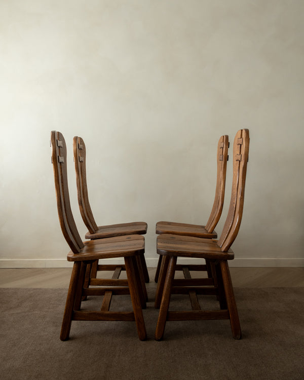 Brutalist Oak Dining Chairs with Sculptural High Backs by De Puydt, 1960s, Set of 4