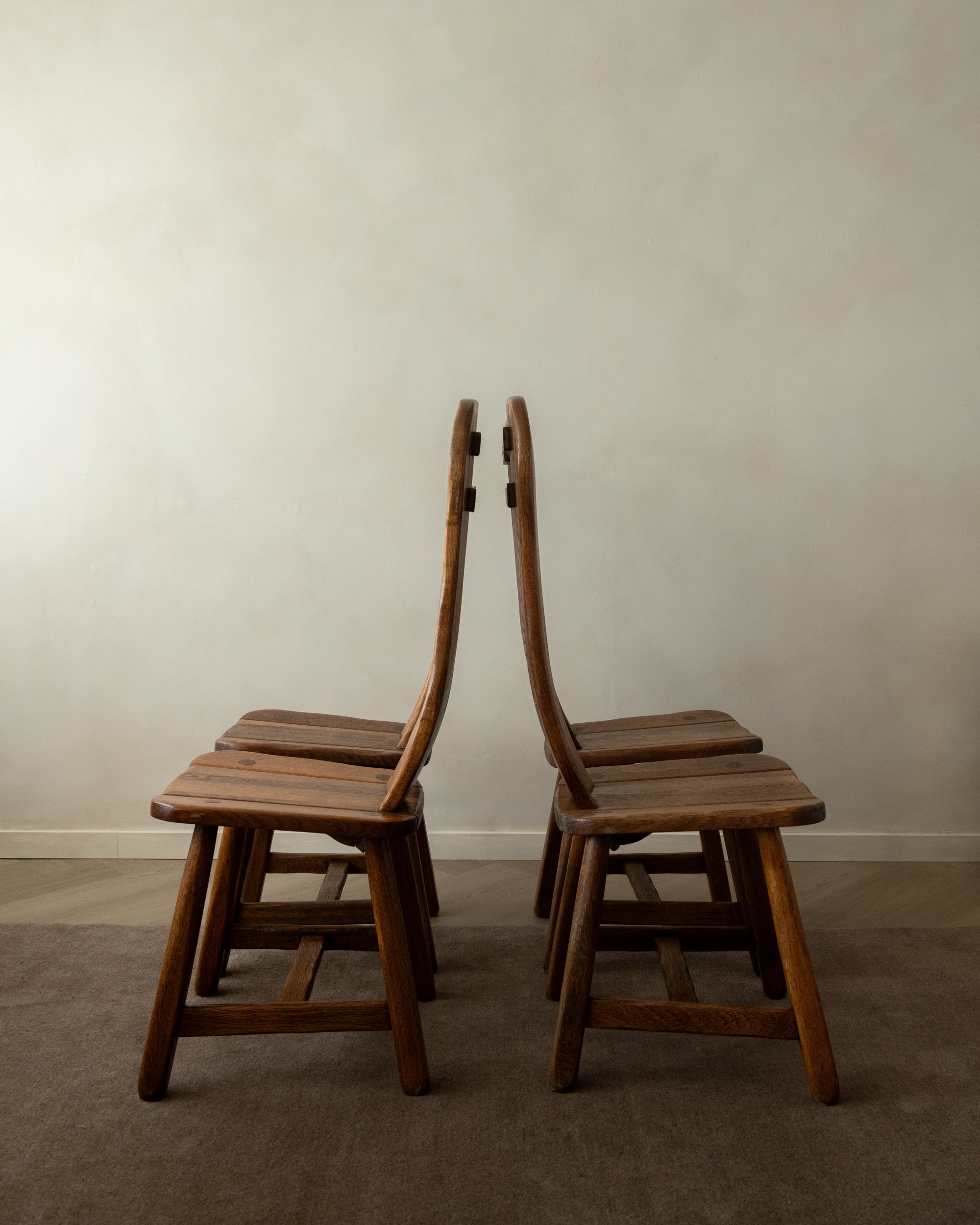 Brutalist Oak Dining Chairs with Sculptural High Backs by De Puydt, 1960s, Set of 4