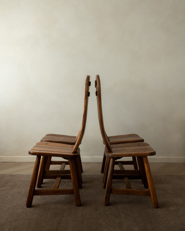 Brutalist Oak Dining Chairs with Sculptural High Backs by De Puydt, 1960s, Set of 4