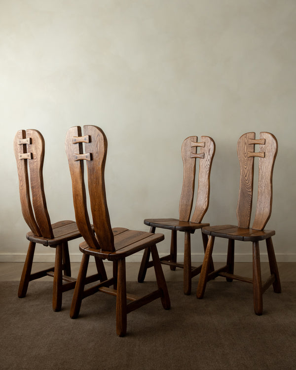 Brutalist Oak Dining Chairs with Sculptural High Backs by De Puydt, 1960s, Set of 4