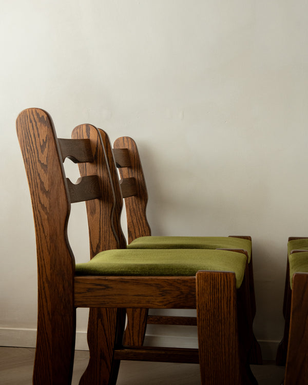 Brutalist Oak Razorback Dining Chairs with Green Velvet, 1970s, Set of 4