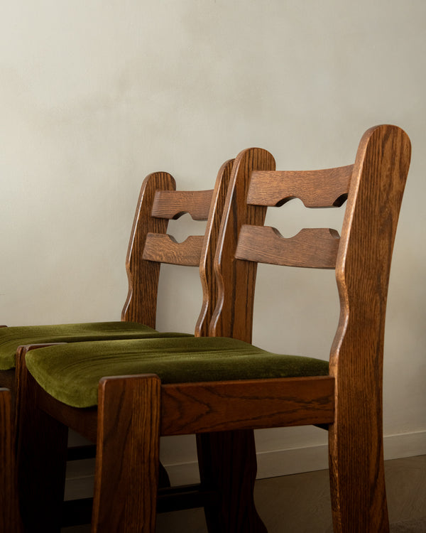Brutalist Oak Razorback Dining Chairs with Green Velvet, 1970s, Set of 4