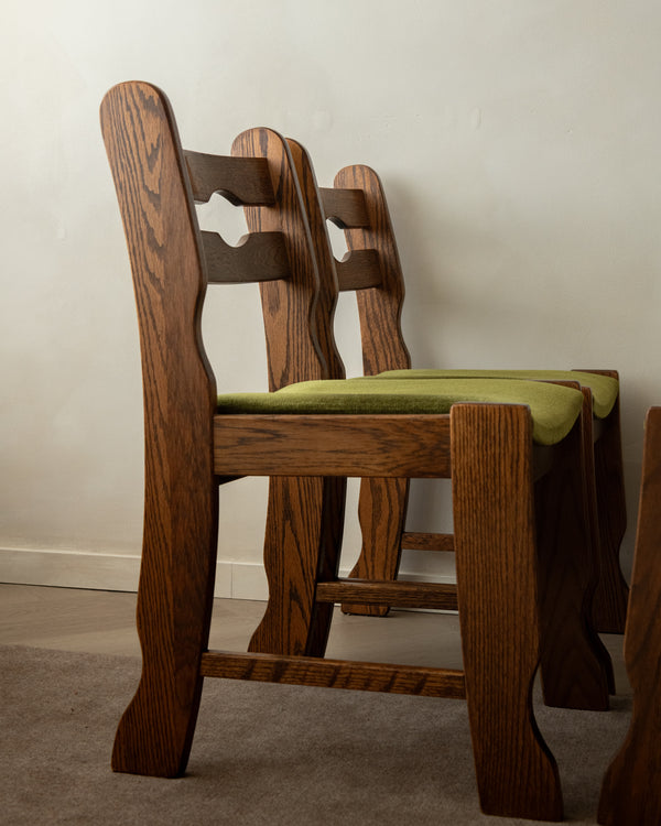 Brutalist Oak Razorback Dining Chairs with Green Velvet, 1970s, Set of 4