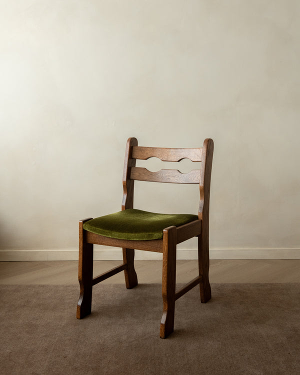 Brutalist Oak Razorback Dining Chairs with Green Velvet, 1970s, Set of 4