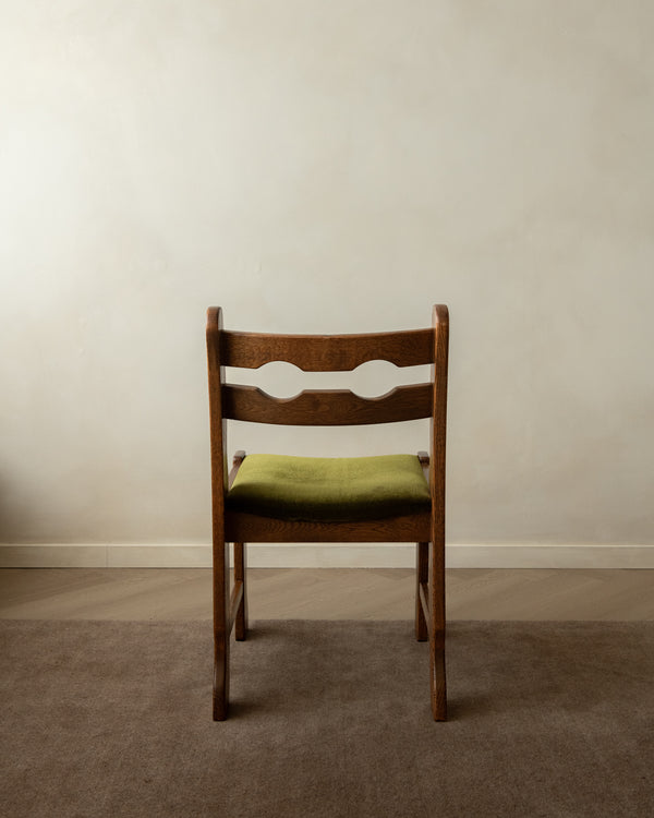 Brutalist Oak Razorback Dining Chairs with Green Velvet, 1970s, Set of 4