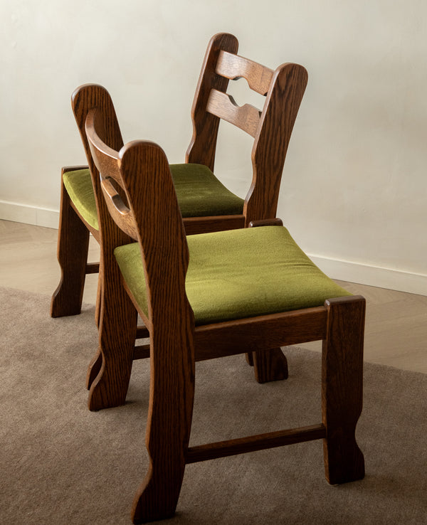 Brutalist Oak Razorback Dining Chairs with Green Velvet, 1970s, Set of 4