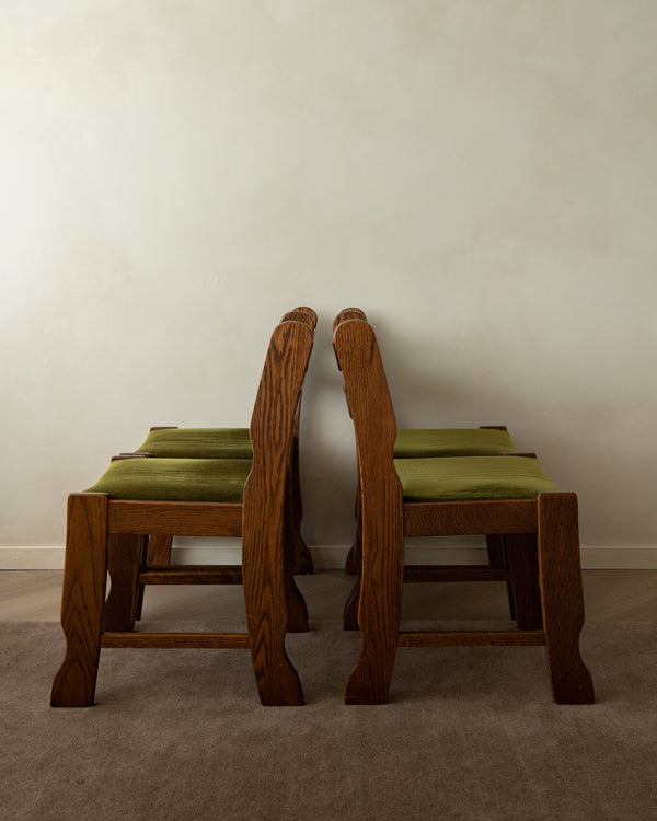 Brutalist Oak Razorback Dining Chairs with Green Velvet, 1970s, Set of 4