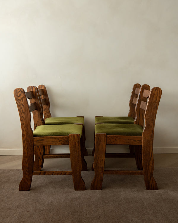 Brutalist Oak Razorback Dining Chairs with Green Velvet, 1970s, Set of 4