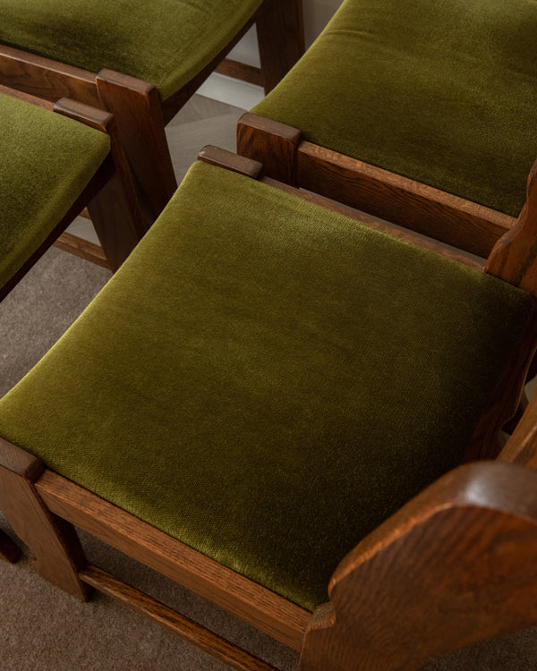 Brutalist Oak Razorback Dining Chairs with Green Velvet, 1970s, Set of 4