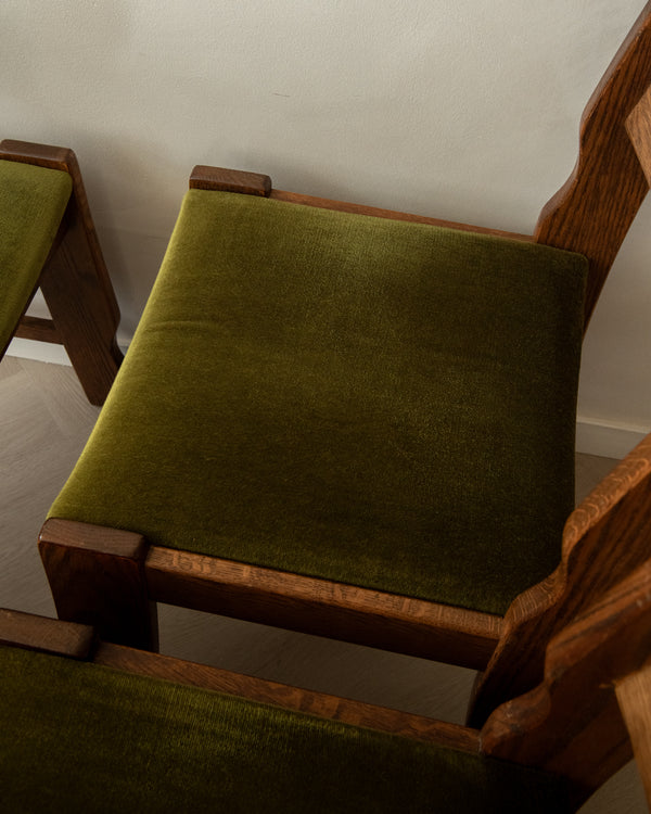 Brutalist Oak Razorback Dining Chairs with Green Velvet, 1970s, Set of 4
