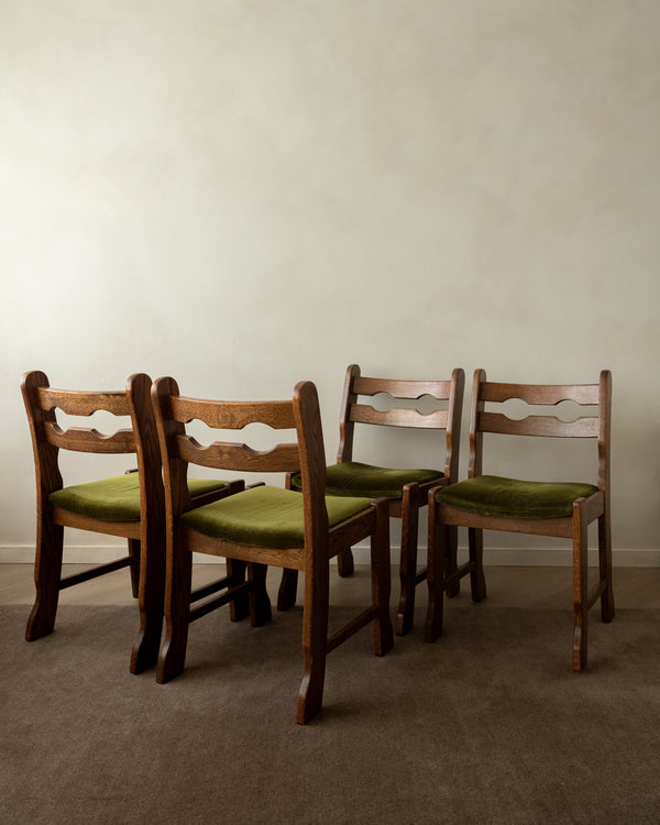 Brutalist Oak Razorback Dining Chairs with Green Velvet, 1970s, Set of 4