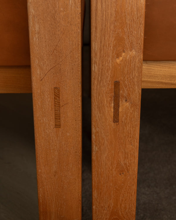 Brutalist Elm and Leather Dining Chairs by Giovanni Luigi Gorgoni for Roche Bobois, 1970s, Set of 7