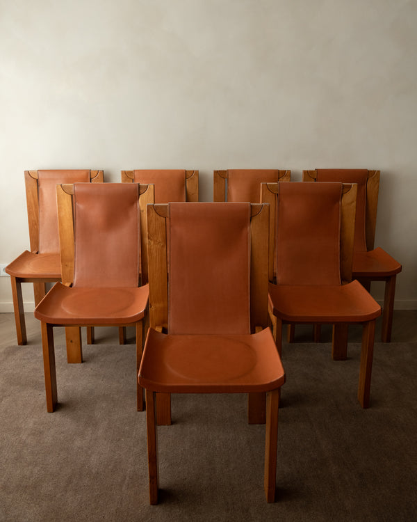 Brutalist Elm and Leather Dining Chairs by Giovanni Luigi Gorgoni for Roche Bobois, 1970s, Set of 7
