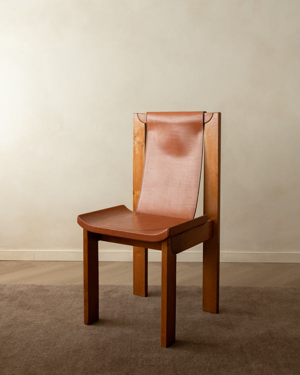 Brutalist Elm and Leather Dining Chairs by Giovanni Luigi Gorgoni for Roche Bobois, 1970s, Set of 7