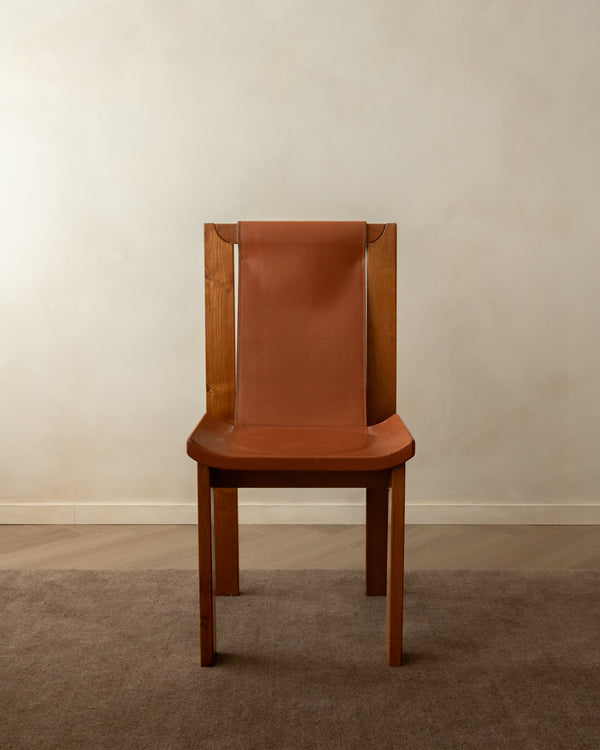 Brutalist Elm and Leather Dining Chairs by Giovanni Luigi Gorgoni for Roche Bobois, 1970s, Set of 7