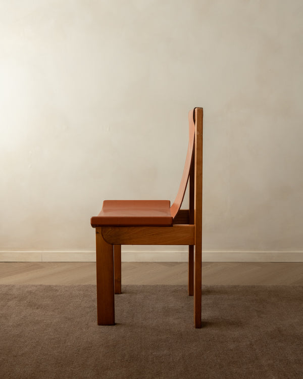 Brutalist Elm and Leather Dining Chairs by Giovanni Luigi Gorgoni for Roche Bobois, 1970s, Set of 7