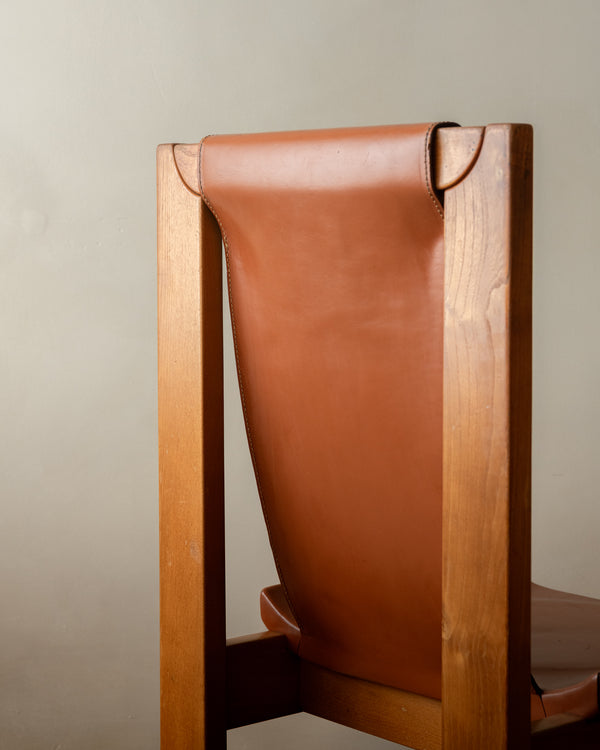 Brutalist Elm and Leather Dining Chairs by Giovanni Luigi Gorgoni for Roche Bobois, 1970s, Set of 7