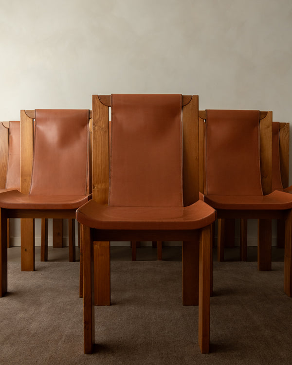 Brutalist Elm and Leather Dining Chairs by Giovanni Luigi Gorgoni for Roche Bobois, 1970s, Set of 7