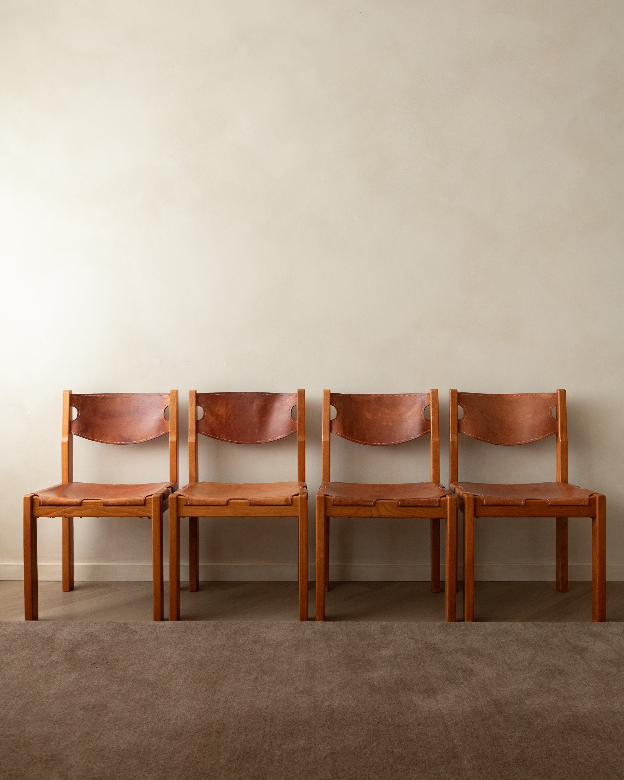 Brutalist Elm and Leather Dining Chairs by Maison Regain, 1970s, Set of 4