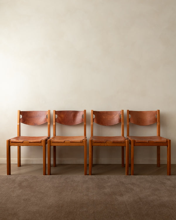 Brutalist Elm and Leather Dining Chairs by Maison Regain, 1970s, Set of 4