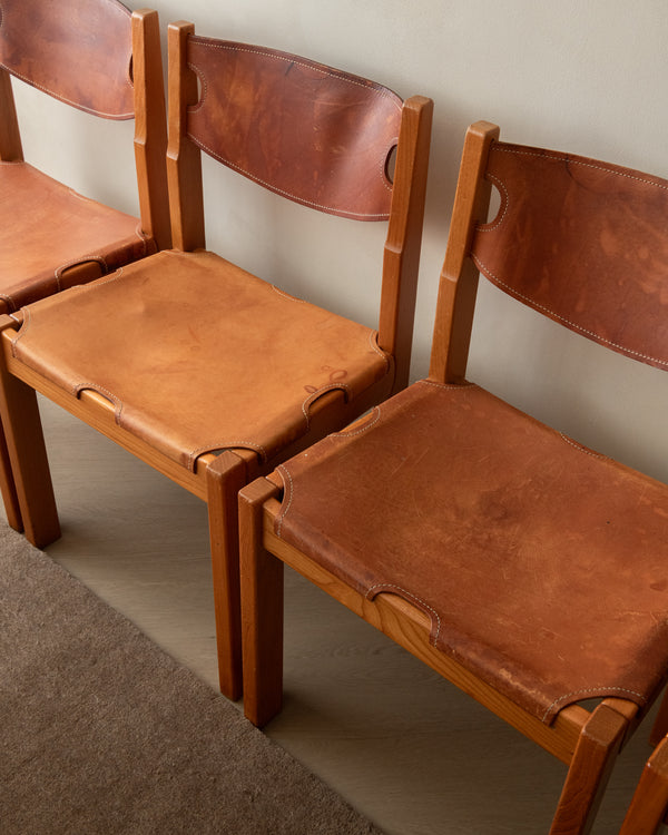 Brutalist Elm and Leather Dining Chairs by Maison Regain, 1970s, Set of 4
