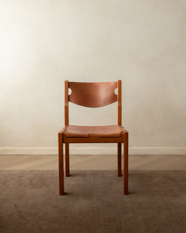 Brutalist Elm and Leather Dining Chairs by Maison Regain, 1970s, Set of 4