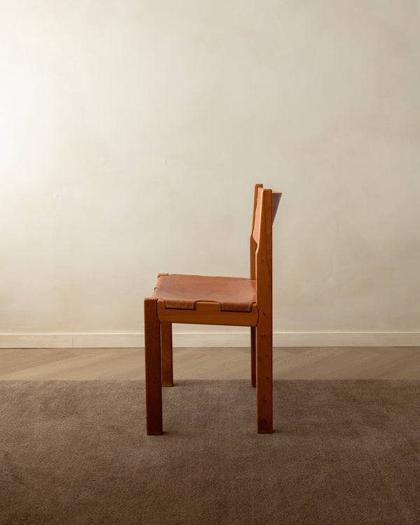 Brutalist Elm and Leather Dining Chairs by Maison Regain, 1970s, Set of 4