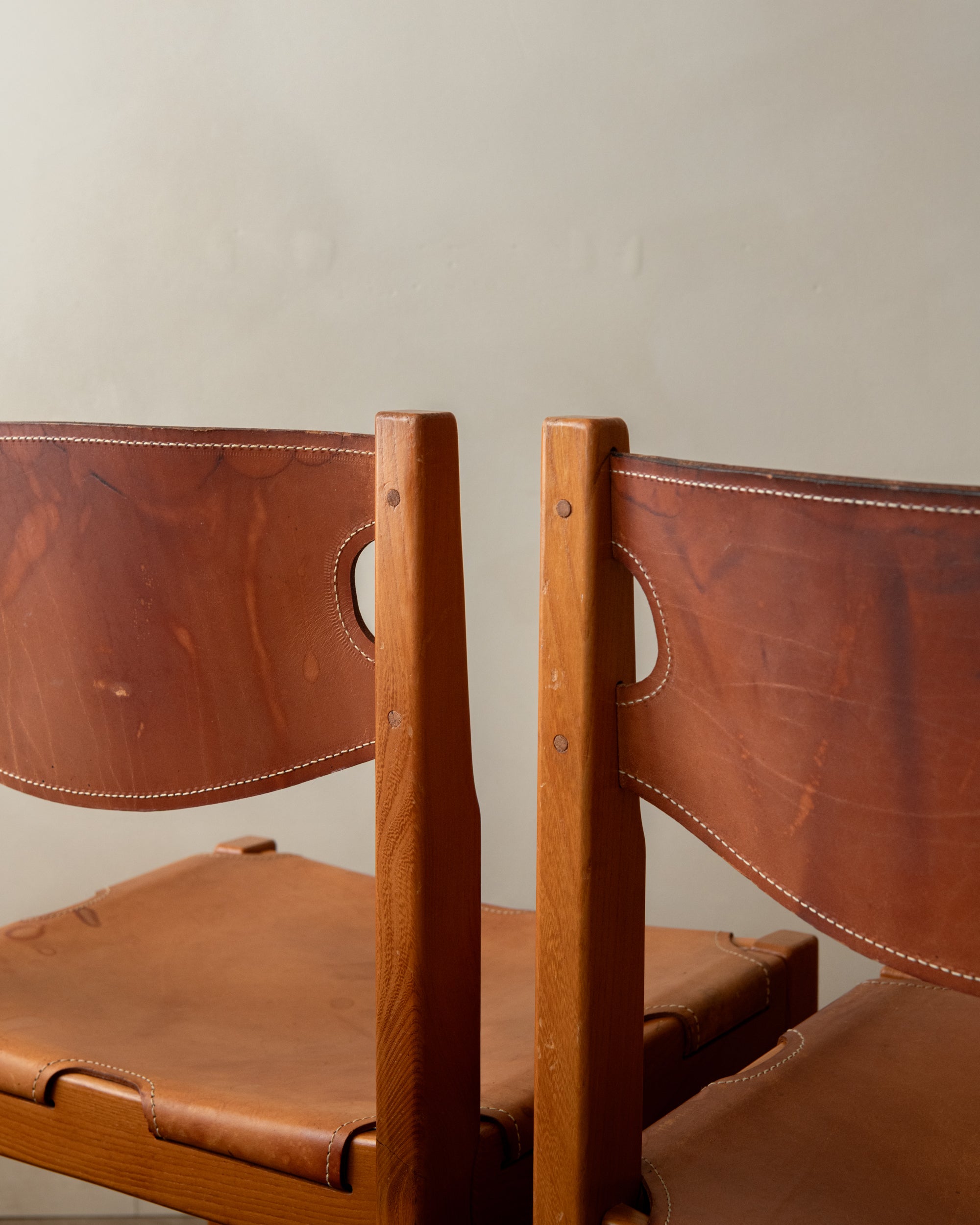 Brutalist Elm and Leather Dining Chairs by Maison Regain, 1970s, Set of 4